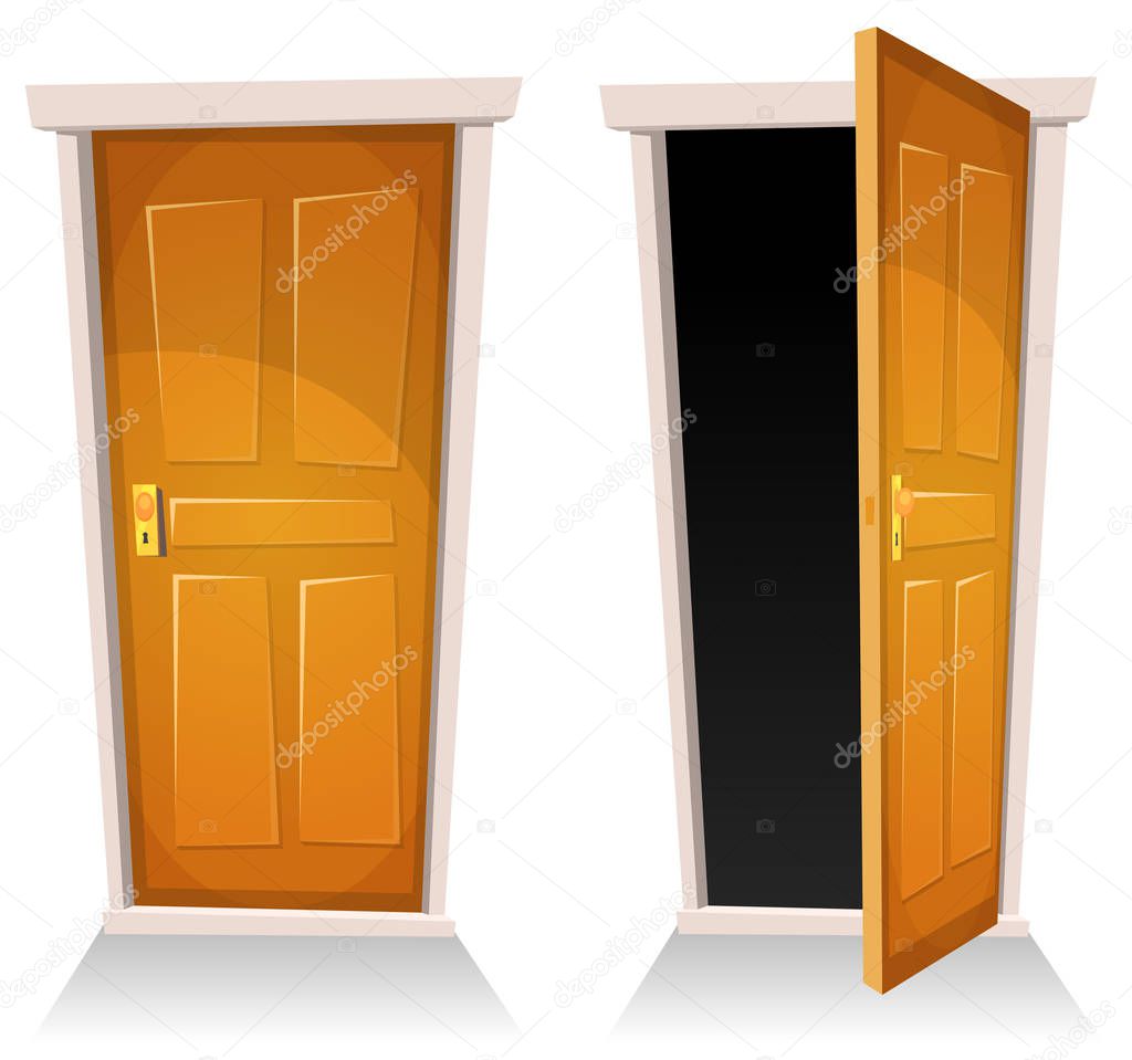Doors, Closed And Open/ Illustration of a set of cartoon front doors opened and closed with sky background, symbolizing death frontier, paradise or heaven's gate