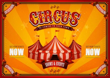 Vintage sirk Poster ile büyük Top / illüstrasyon, kayan yazı, büyük, zarif başlıkları ve grunge retro ve vintage sirk afiş arka plan doku Sanat Festivali etkinlikleri ve eğlence arka planı için