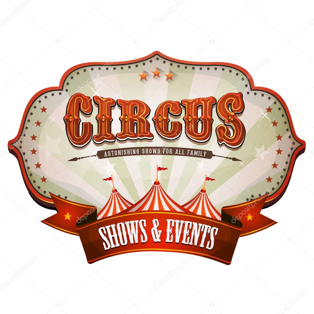 Illustration of a retro and vintage circus red poster badge, with marquee, big top, sunbeams and banner