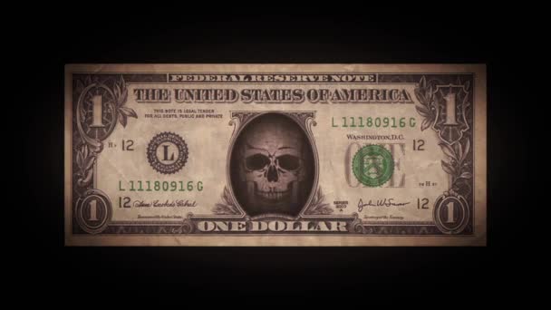 Dollar Bill Skullhead Glitch Effect Animation Vintage Background One Fake — стоковое видео