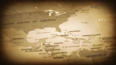 Arka plan üzerinde Vintage Dünya Haritası uçuş/okyanus, ülke ve şehirler isimleri üzerinde bir Vintage tarihsel Dünya Haritası seyahat arka plan uçuş 4k animasyon