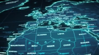 Dünya Haritası Seyahat Teknolojisi Bir dünya haritası animasyonu Geceleyin okyanus, ülkeler ve şehirlerle yolculuk