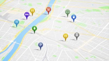 Gps Pinleri Animasyon Loop/ 4k animasyon gps pinleri ve simgeleri yükselen ile seyahat şehir haritası arka plan bir uygulama ekranı ile Smartphone App Map