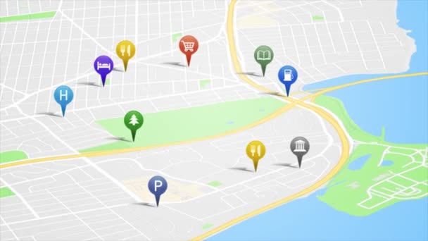 Gpsピンアニメーションループ Gpsピンとアイコンが上昇して都市地図の背景を移動するアプリ画面の4Kアニメーションを搭載したスマートフォンアプリマップ — ストック動画
