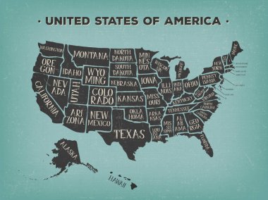 Devletler Isimleri ile Vintage Amerikan Harita Afişi