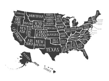 Devletler Isimleri ile Vintage Amerikan Harita Afişi