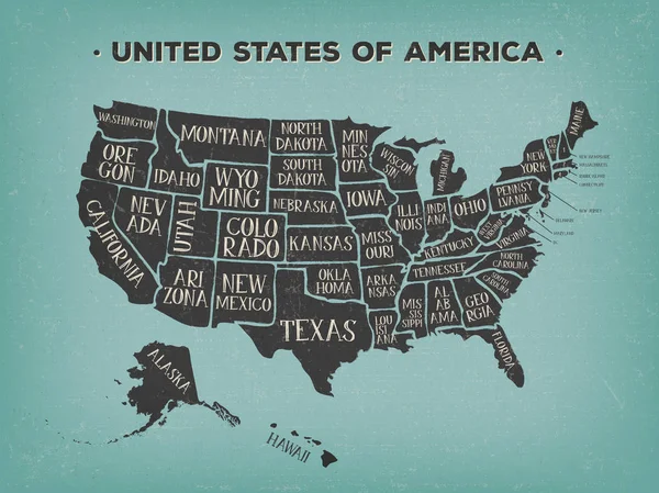 Vintage American Map poszter az államok nevei — Stock Vector