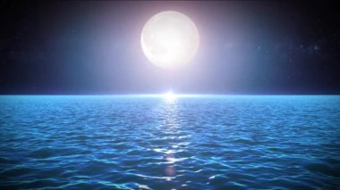 Seascape Moonlight Arka Plan / güzel ay ışığı, su dalgaları doku ve yıldızlı gökyüzü ile döngülü gece okyanus manzara 4k animasyon