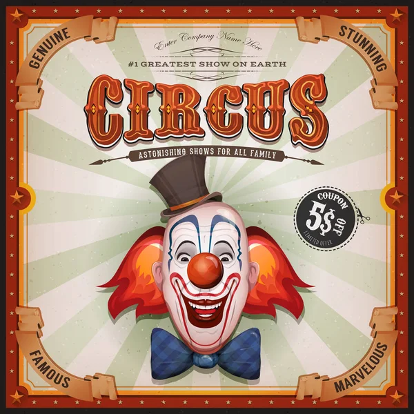 Vintage Circus Poster con testa di pagliaccio — Vettoriale Stock