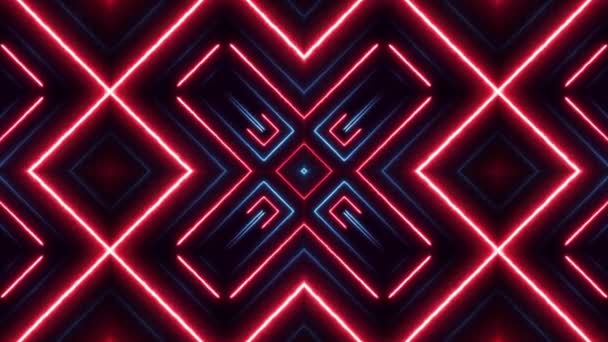 数字万花筒背景图的Neon Polygon 4K动画 慢动作无缝回路中带有霓虹灯多边形的抽象数字万花筒背景图 — 图库视频影像