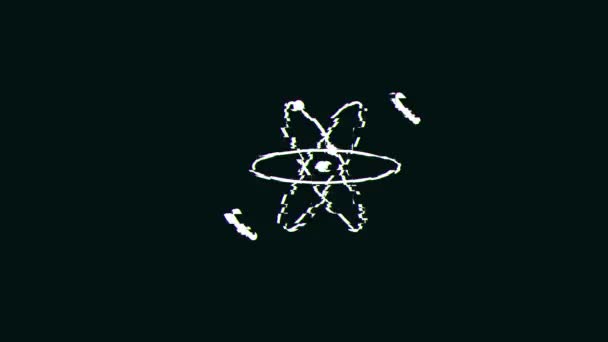 Science Atom Symbol Icon Technologyグリッチテクスチャとデジタル人工物とノイズ効果を持つ抽象原子アイコンの背景のグリッチFx 4Kアニメーション — ストック動画