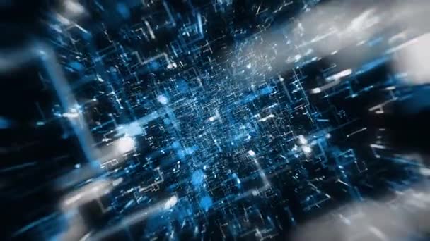 Données numériques abstraites Hi Tech Background Zoom In / 4k animation d'un fond technologique abstrait avec des lignes de données et des particules d'angle zoomant facilement en effet et flou radial