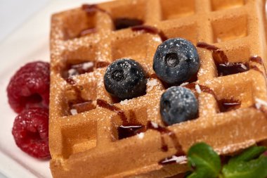 Tatlı tabağı. Dondurma, yaban mersini ve ahududu ile Belçika waffle 'ı.