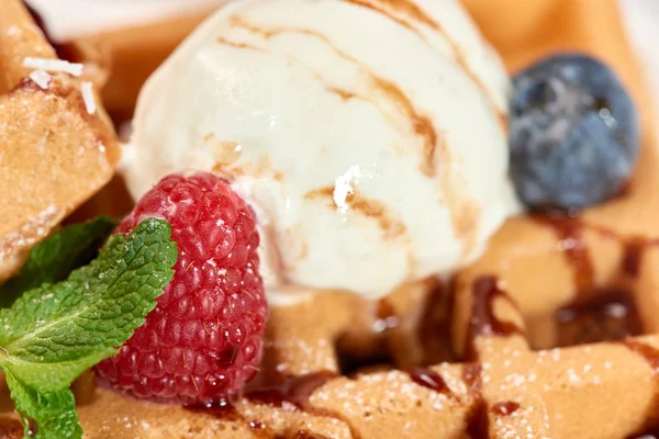 Dessert Dish Belgian Waffles Ice Cream Blueberries Raspberries — Stock Photo, Image