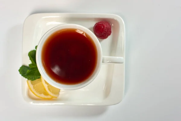 Чай Малиною Лимоном Ятою Гарячий Напій — стокове фото