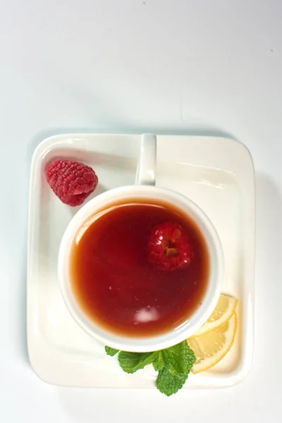 Raspberry Tea Tea Raspberries Lemon Mint Hot Drink — Stock Photo, Image
