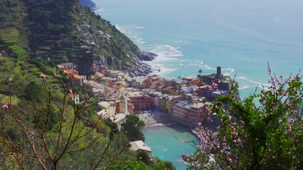 Paisaje del pueblo de Vernazza desde la cima de la colina en Cinque Terre, Italia — Vídeos de Stock