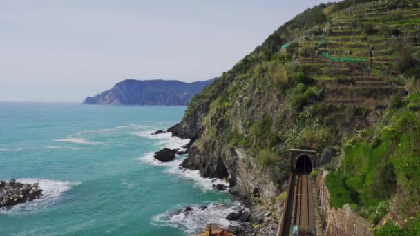 Paisaje desde Vernazza pueblo tren pasando por Cinque Terre, Italia — Vídeos de Stock