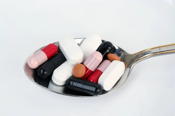 Medication Food Healthy Nutrition Medical Pills Spoon — Stock Photo, Image