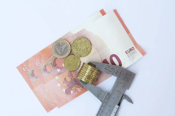 Euro Coins Vernier Financial Crisis Euro Coins Measuring Caliper — Stock Photo, Image