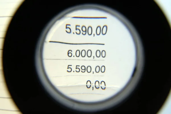 Magnifier glass on financial report. Financial data under magnifier glass.