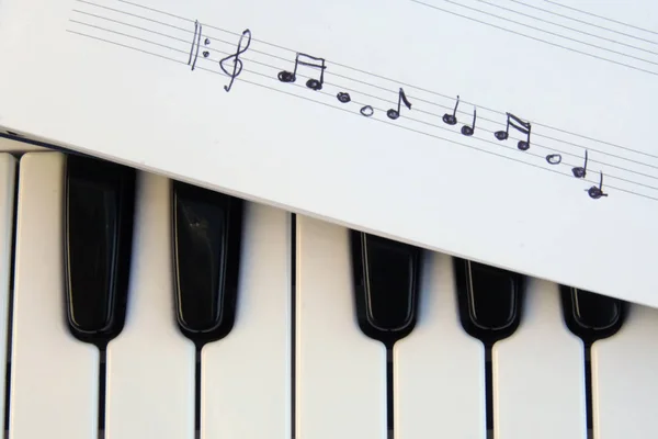 Piano keyboard and musical notes. Musical notes on a piano keyboard.