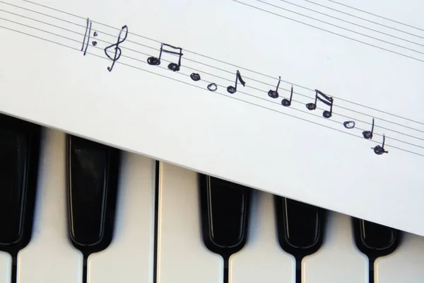 Piano keyboard and musical notes. Musical notes on a piano keyboard.