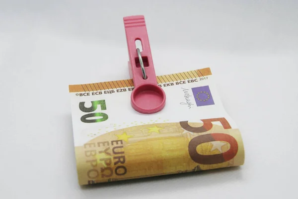 Euro Paper Banknote Clothespin Holding Euro — Stock Photo, Image