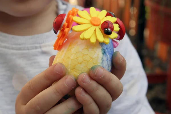 Colorful Easter Eggs Stand Easter Eggs Painted Little Girl — Stock Photo, Image