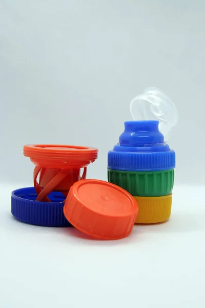 Műanyag Palack Kupakját Különböző Színű Kupakok — Stock Fotó