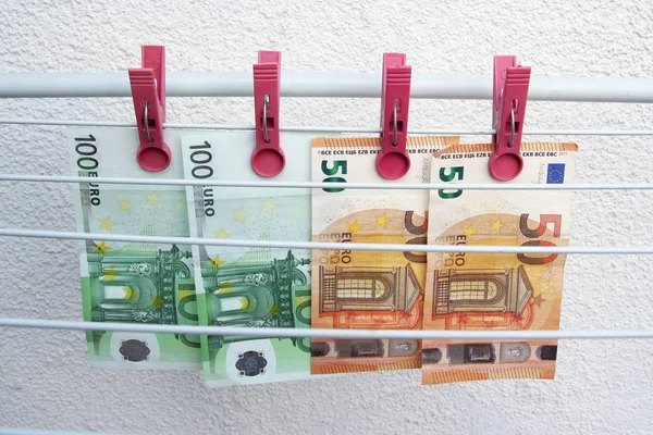 Euro Banknotes Drying Washed Euro Paper Bills Drying Euro String — Stock Photo, Image