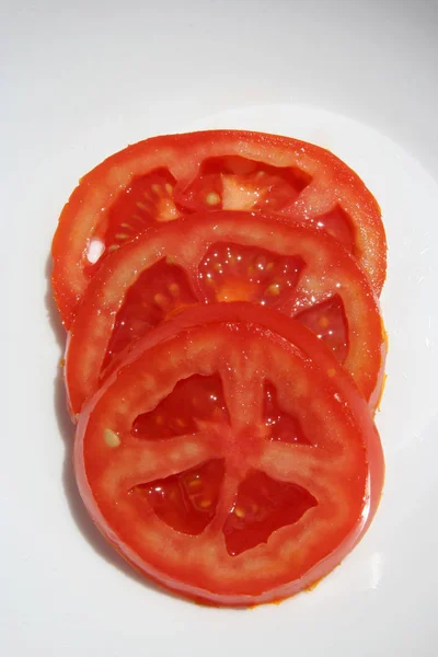 Tomates Fatiados Toques Tomate Fatias Tomate Tomate Fresco Fatiado Anéis — Fotografia de Stock