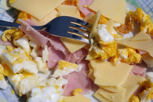 Ham Eggs Healthy Breakfast Scrambled Eggs Ham Cheese — Stock Photo, Image
