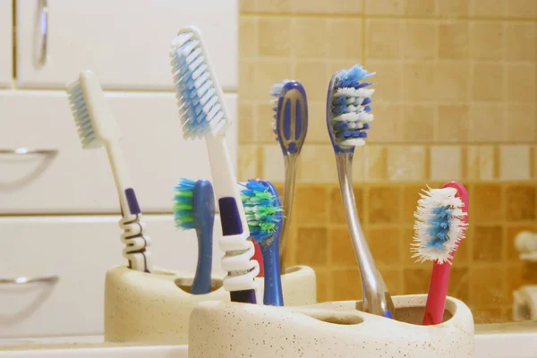 Family Toothbrushes Front Mirror Used Toothbrushes — Stock Photo, Image
