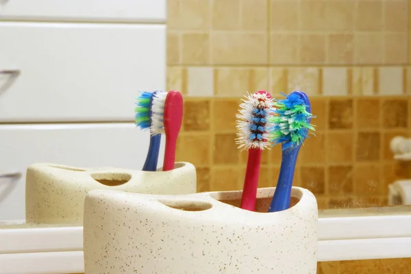 Family Toothbrushes Front Mirror Used Toothbrushes — Stock Photo, Image