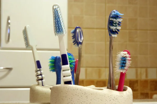 Family Toothbrushes Front Mirror Used Toothbrushes — Stock Photo, Image