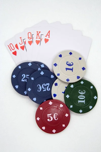 Tarjetas Casino Fichas Juego Casino Baraja Cartas Fichas Poker — Foto de Stock