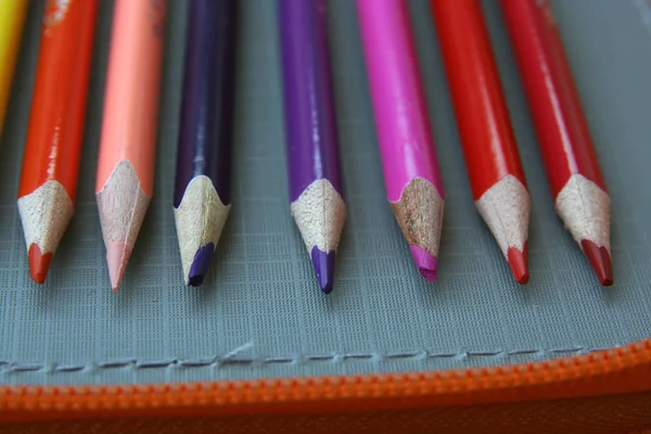 Kleurpotloden Verschillende Kleuren Kleurrijke Krijtjes Voorschoolse Uitrusting — Stockfoto