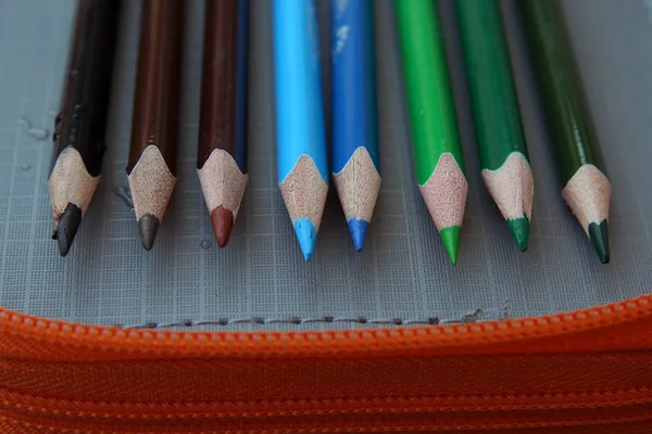 Kleurpotloden Verschillende Kleuren Kleurrijke Krijtjes Voorschoolse Uitrusting — Stockfoto