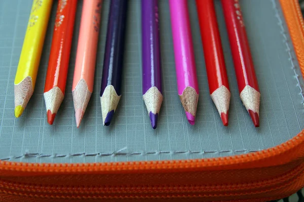 Crayons Várias Cores Lápis Coloridos Equipamento Pré Escolar — Fotografia de Stock