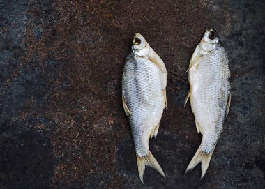 Paslı siyah arka plan üzerinde balık yalan kurutulmuş