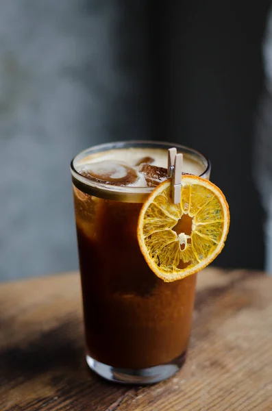 Iced Coffee Orange Juice Wooden Table — стоковое фото