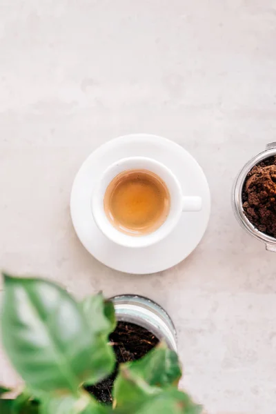 Espresso Kopje Portafilter Koffie Plant Marmeren Achtergrond — Stockfoto