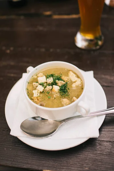 Mushroom soup on wooden table — Stock Image Mushroom Soup Wooden Table Stock Photo
