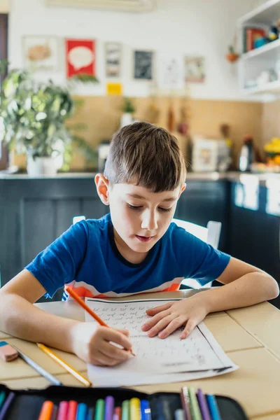 Little Boy Doing Homework His Home — Stock Photo, Image