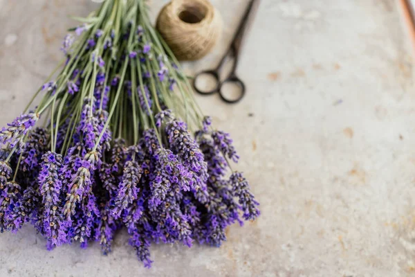 Lavender Bouquet Arrangement Old Scissors Metal Background — Stock Photo, Image