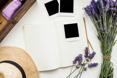 Boş bir kağıda kokulu lavanta buketi. Üst manzara..