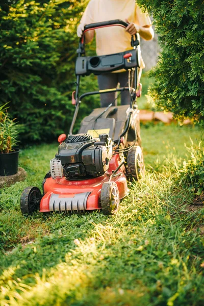 Jardinier Utilisant Tondeuse Gazon Couper Herbe — Photo