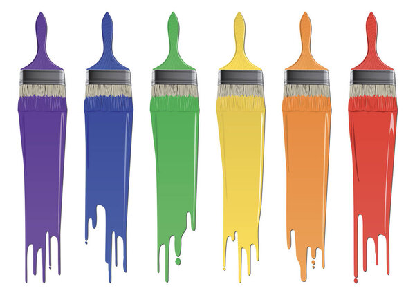 set of six brushes with paint line in rainbow colours
