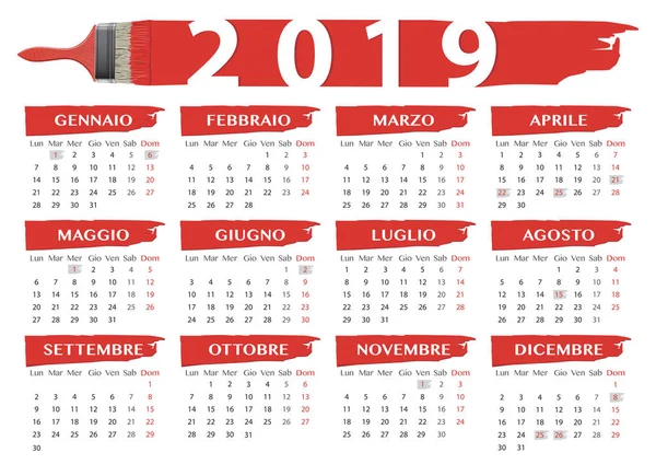 Calendrier Style Pinceaux Rouges 2019 Avec Fête Religieuse Italienne Fête — Image vectorielle